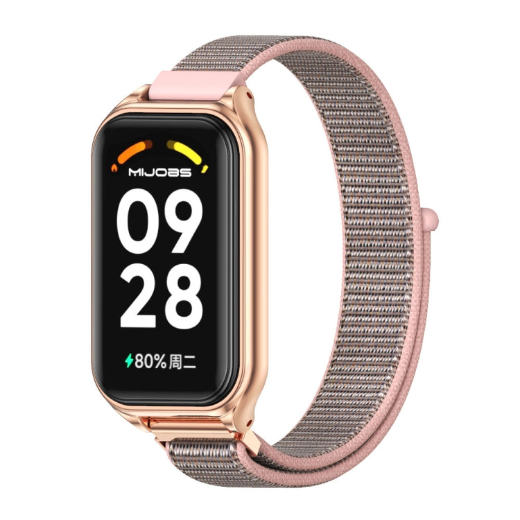 For Xiaomi Smart Band 8 Active / Redmi Band 2 Mijobs Metal Shell Breathable Nylon Loop Watch Band(Pink Rose Gold) - Watch Bands by MIJOBS | Online Shopping South Africa | PMC TechLife | Buy Now Pay Later Mobicred