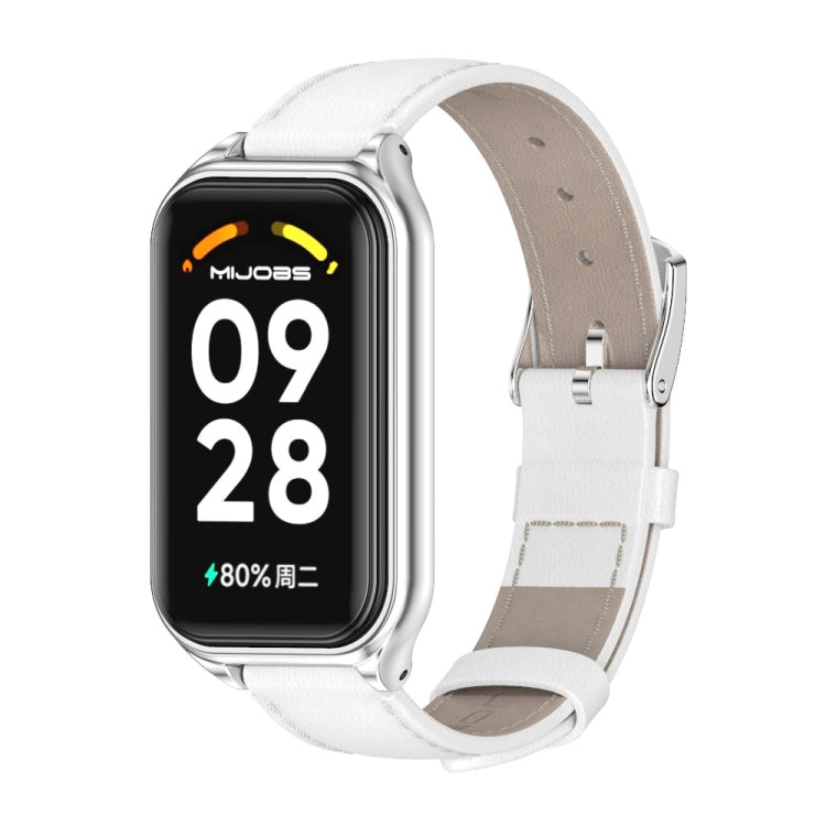 For Xiaomi Smart Band 8 Active / Redmi Band 2 Mijobs Metal Shell Genuine Leather Watch Band(White Silver) - free shipping - PMC TechLife - Order now!