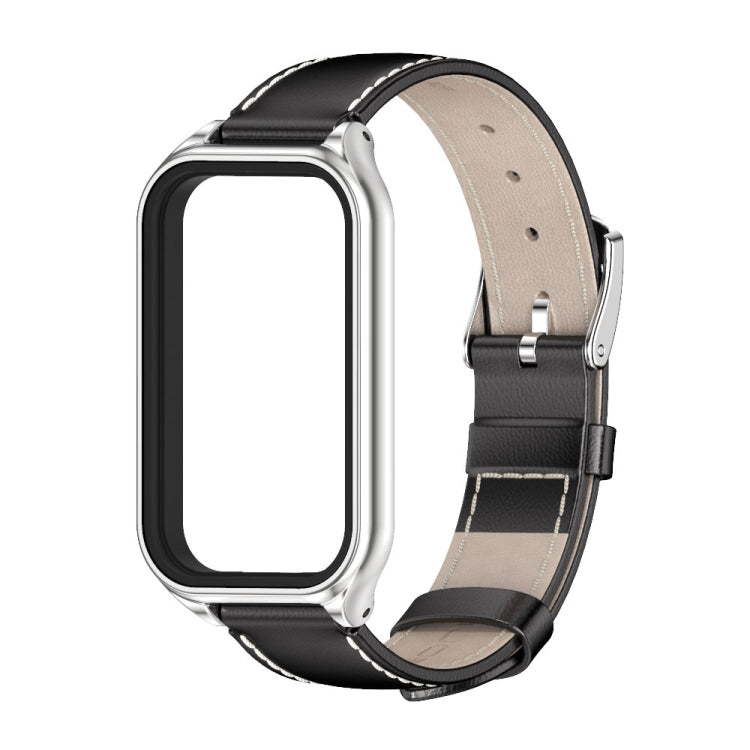 For Xiaomi Smart Band 8 Active / Redmi Band 2 Mijobs Metal Shell Genuine Leather Watch Band(Black Silver) - Watch Bands by MIJOBS | Online Shopping South Africa | PMC TechLife | Buy Now Pay Later Mobicred