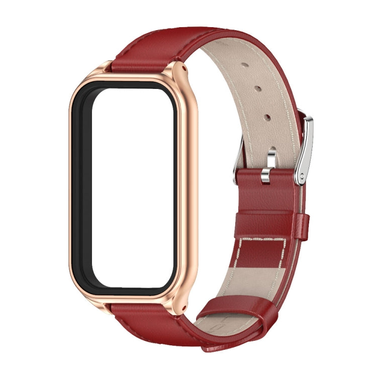 For Xiaomi Smart Band 8 Active / Redmi Band 2 Mijobs Metal Shell Genuine Leather Watch Band(Red Rose Gold) - Watch Bands by MIJOBS | Online Shopping South Africa | PMC TechLife | Buy Now Pay Later Mobicred