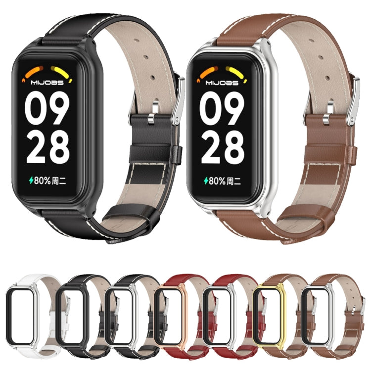 For Xiaomi Smart Band 8 Active / Redmi Band 2 Mijobs Metal Shell Genuine Leather Watch Band(Black Silver) - Watch Bands by MIJOBS | Online Shopping South Africa | PMC TechLife | Buy Now Pay Later Mobicred