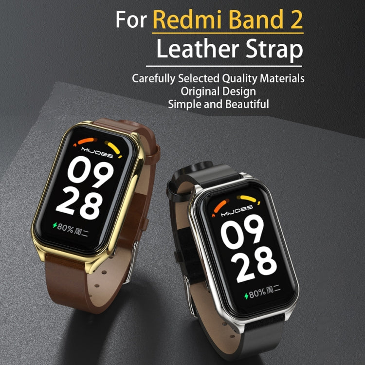 For Xiaomi Smart Band 8 Active / Redmi Band 2 Mijobs Metal Shell Genuine Leather Watch Band(White Silver) - free shipping - PMC TechLife - Order now!