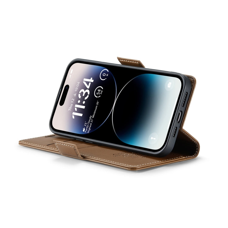 For iPhone 14 Pro CaseMe 023 Butterfly Buckle Litchi Texture RFID Anti-theft Leather Phone Case(Brown) - iPhone 14 Pro Cases by CaseMe | Online Shopping South Africa | PMC TechLife | Buy Now Pay Later Mobicred