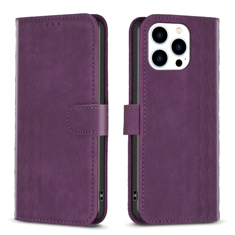 For iPhone 14 Pro Plaid Embossed Leather Phone Case(Purple) - free shipping - PMC TechLife - Order now!