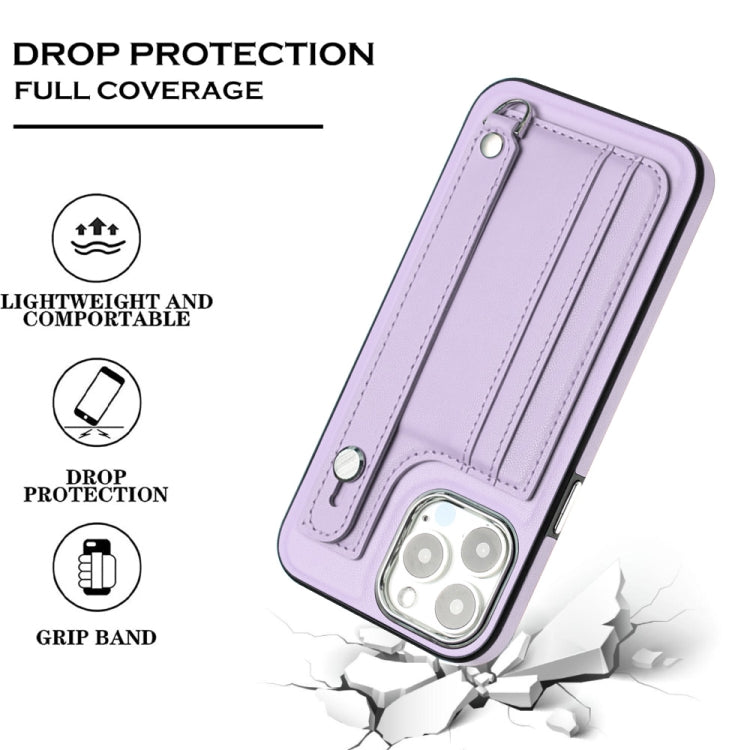 For iPhone 15 Pro Shockproof Leather Phone Case with Wrist Strap(Purple) - free shipping - PMC TechLife - Order now!