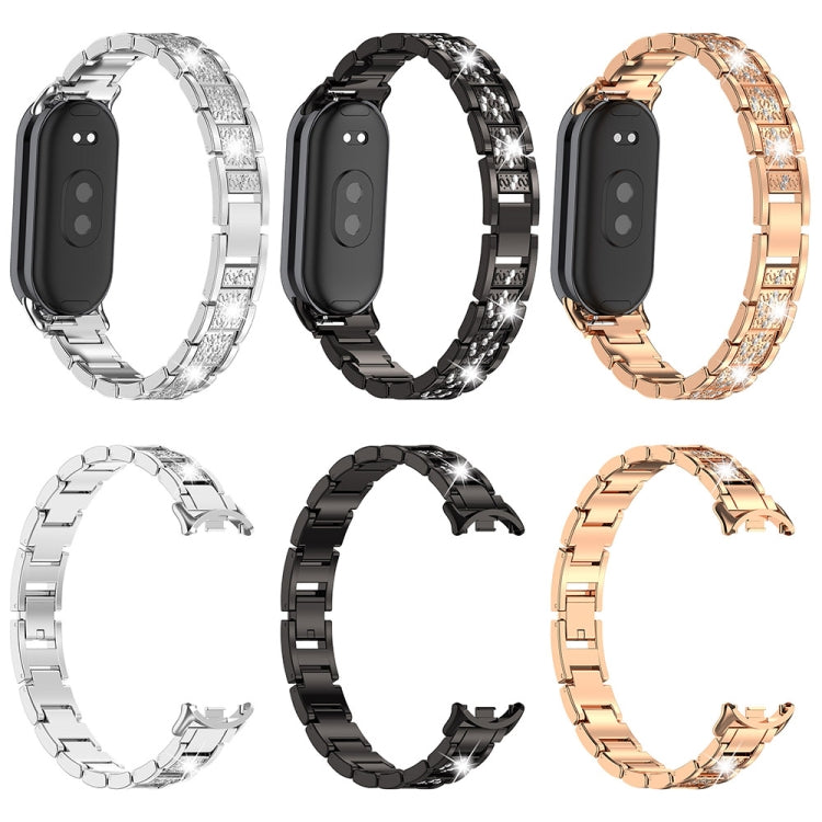 For Xiaomi Mi Band 8 Three-beads Full Diamond Metal Watch Band(Rose Gold) - Watch Bands by PMC TechLife | Online Shopping South Africa | PMC TechLife