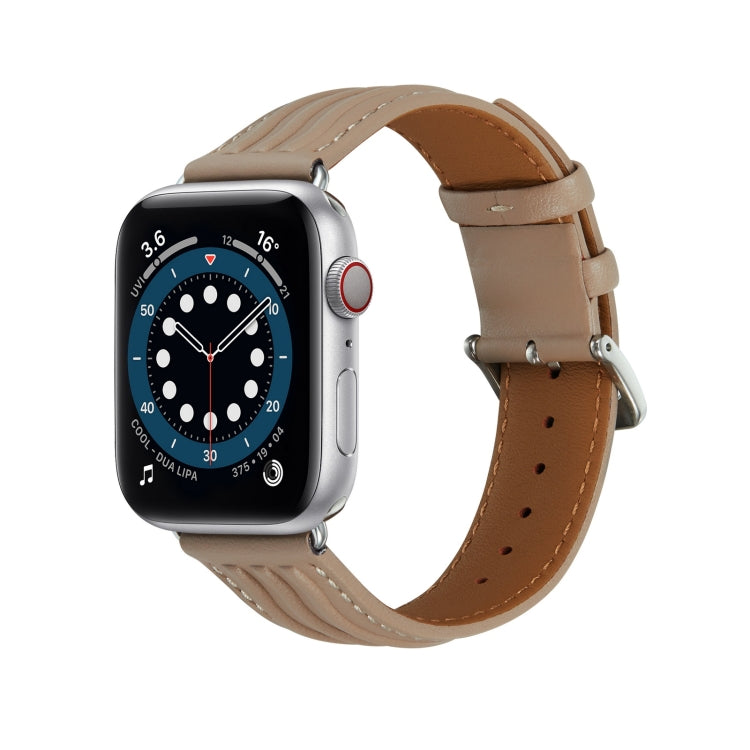 Embossed Line Genuine Leather Watch Band For Apple Watch 8 45mm(Milky Brown) - Watch Bands by PMC TechLife | Online Shopping South Africa | PMC TechLife