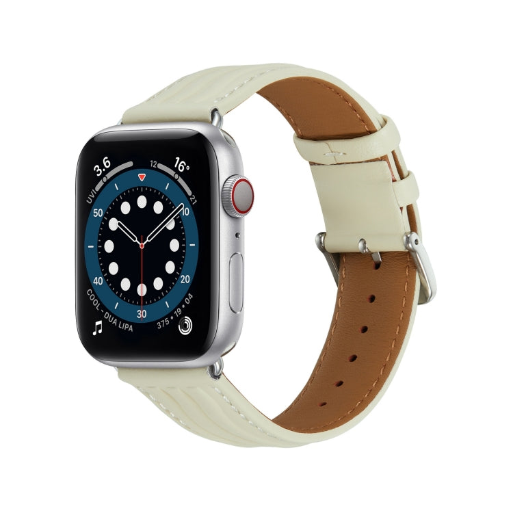 Embossed Line Genuine Leather Watch Band For Apple Watch SE 2022 40mm(Milky White) - Watch Bands by PMC TechLife | Online Shopping South Africa | PMC TechLife