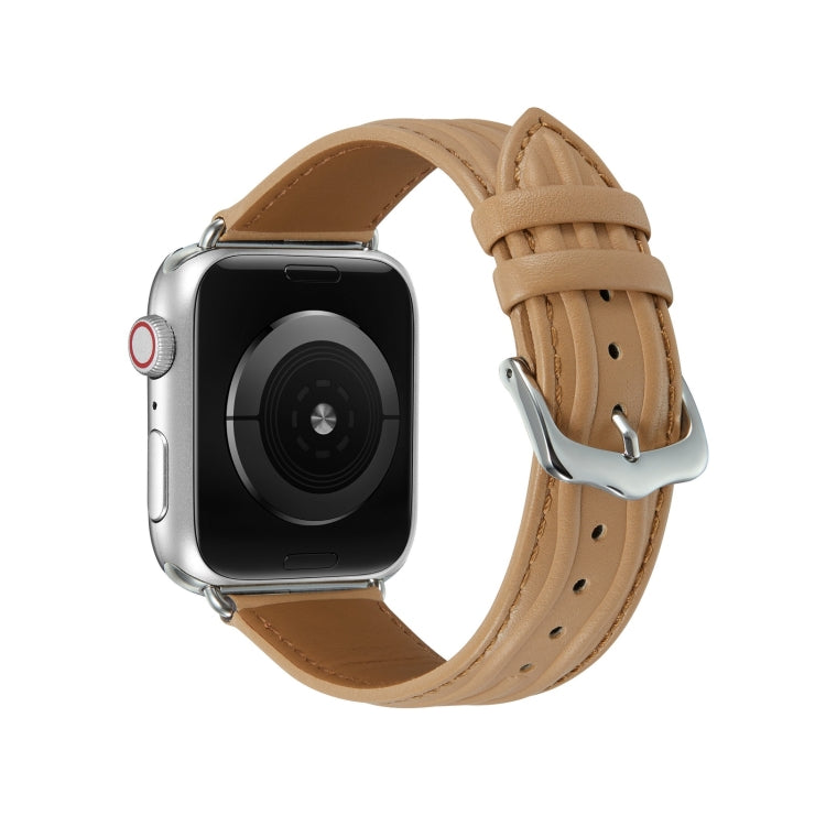 Embossed Line Genuine Leather Watch Band For Apple Watch SE 2022 44mm(Khaki) - Watch Bands by PMC TechLife | Online Shopping South Africa | PMC TechLife