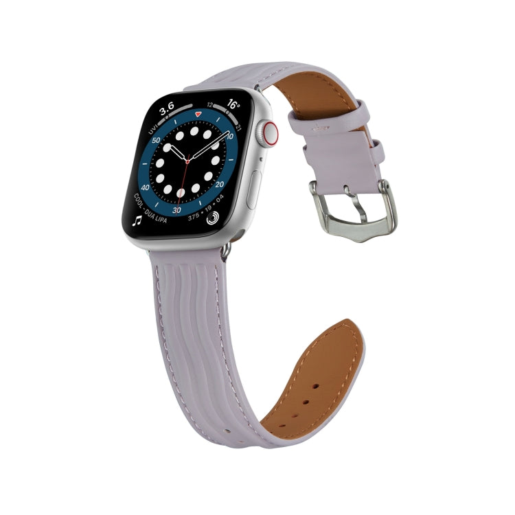Embossed Line Genuine Leather Watch Band For Apple Watch SE 2022 44mm(Lavender Purple) - Watch Bands by PMC TechLife | Online Shopping South Africa | PMC TechLife