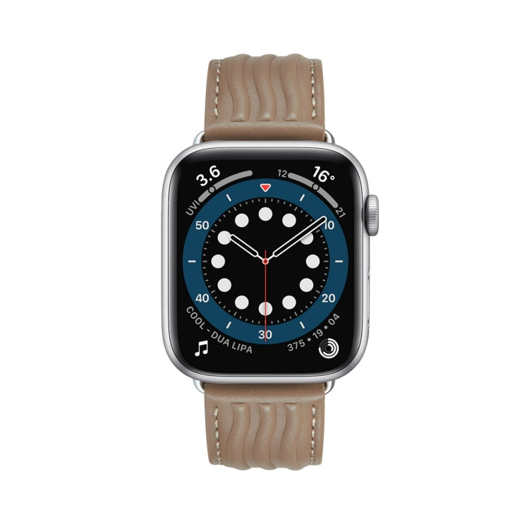 Embossed Line Genuine Leather Watch Band For Apple Watch SE 2022 44mm(Milky Brown) - Watch Bands by PMC TechLife | Online Shopping South Africa | PMC TechLife