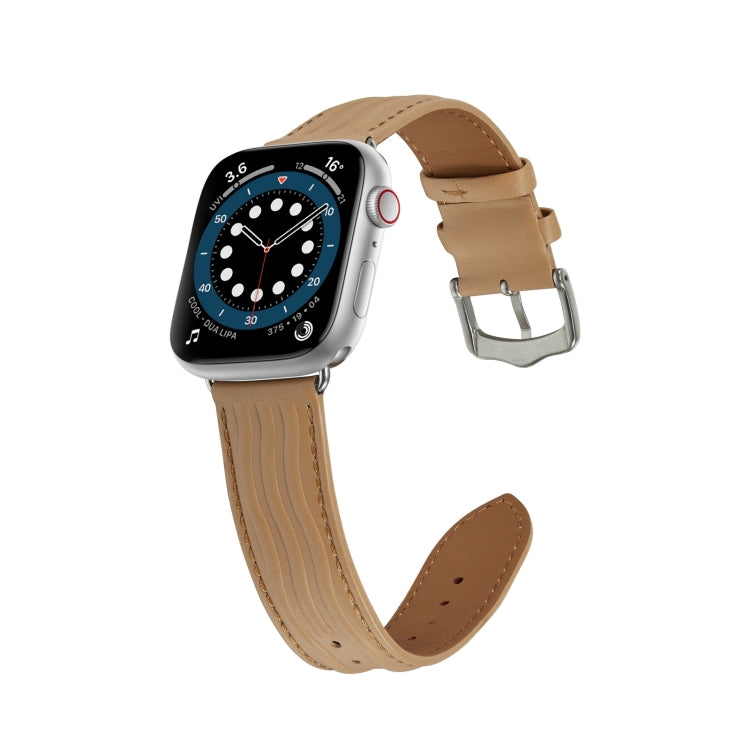 Embossed Line Genuine Leather Watch Band For Apple Watch 7 41mm(Khaki) - Watch Bands by PMC TechLife | Online Shopping South Africa | PMC TechLife