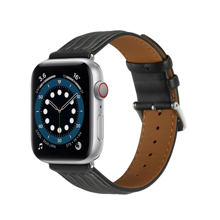 Embossed Line Genuine Leather Watch Band For Apple Watch SE 40mm(Black) - Watch Bands by PMC TechLife | Online Shopping South Africa | PMC TechLife