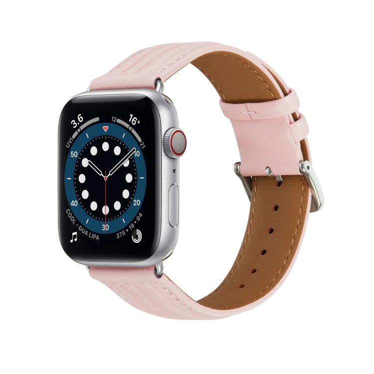 Embossed Line Genuine Leather Watch Band For Apple Watch SE 44mm(Pink) - Watch Bands by PMC TechLife | Online Shopping South Africa | PMC TechLife
