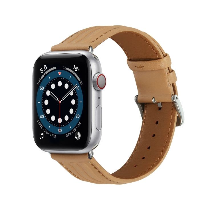 Embossed Line Genuine Leather Watch Band For Apple Watch SE 44mm(Khaki) - Watch Bands by PMC TechLife | Online Shopping South Africa | PMC TechLife