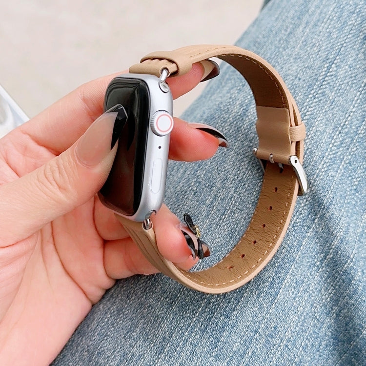 Embossed Line Genuine Leather Watch Band For Apple Watch 5 40mm(Khaki) - Watch Bands by PMC TechLife | Online Shopping South Africa | PMC TechLife