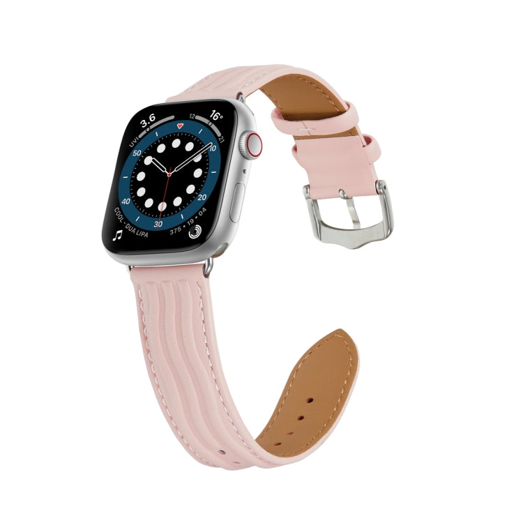 Embossed Line Genuine Leather Watch Band For Apple Watch 4 44mm(Pink) - Watch Bands by PMC TechLife | Online Shopping South Africa | PMC TechLife