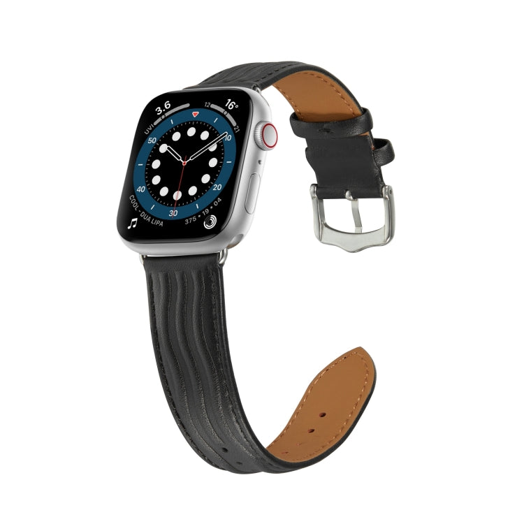 Embossed Line Genuine Leather Watch Band For Apple Watch 3 42mm(Black) - Watch Bands by PMC TechLife | Online Shopping South Africa | PMC TechLife