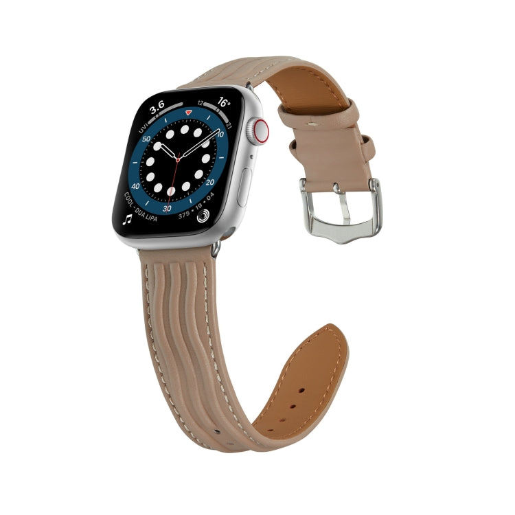 Embossed Line Genuine Leather Watch Band For Apple Watch 42mm(Milky Brown) - Watch Bands by PMC TechLife | Online Shopping South Africa | PMC TechLife