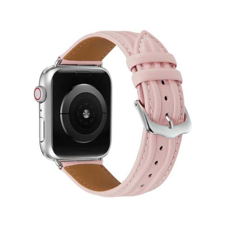 Embossed Line Genuine Leather Watch Band For Apple Watch SE 2023 44mm(Pink) - Watch Bands by PMC TechLife | Online Shopping South Africa | PMC TechLife