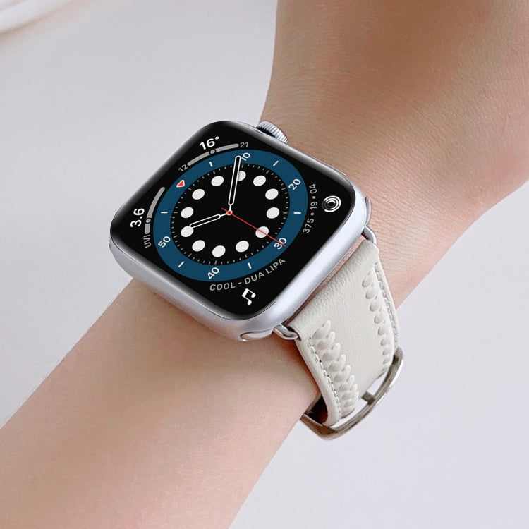 Embossed Love Genuine Leather Watch Band For Apple Watch 7 41mm(Milky White) - Watch Bands by PMC TechLife | Online Shopping South Africa | PMC TechLife