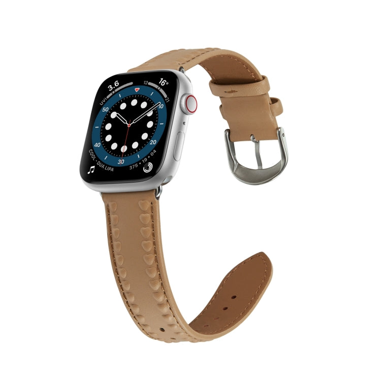 Embossed Love Genuine Leather Watch Band For Apple Watch 38mm(Khaki) - Watch Bands by PMC TechLife | Online Shopping South Africa | PMC TechLife