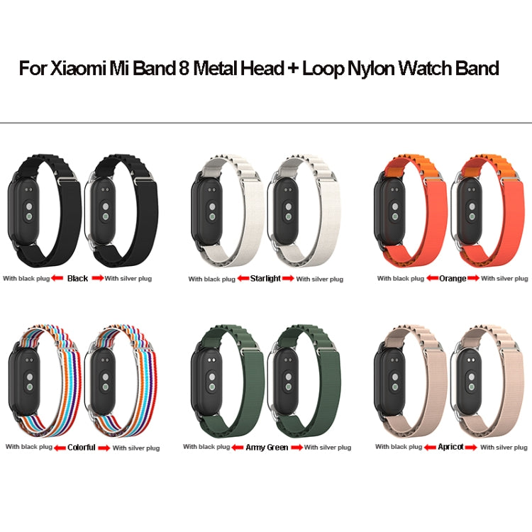 For Xiaomi Mi Band 8 Metal Plug Loop Nylon Watch Band(Silver+Army Green) - Watch Bands by PMC TechLife | Online Shopping South Africa | PMC TechLife