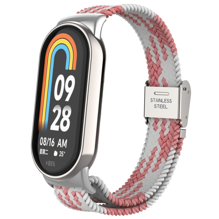 For Xiaomi Mi Band 8 Metal Head + Adjustable Nylon Braided Steel Buckle Watch Band(Pink White) - Watch Bands by PMC TechLife | Online Shopping South Africa | PMC TechLife