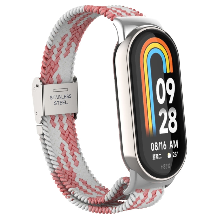 For Xiaomi Mi Band 8 Metal Head + Adjustable Nylon Braided Steel Buckle Watch Band(Pink White) - Watch Bands by PMC TechLife | Online Shopping South Africa | PMC TechLife