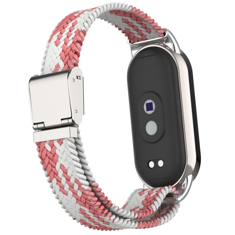 For Xiaomi Mi Band 8 Metal Head + Adjustable Nylon Braided Steel Buckle Watch Band(Pink White) - Watch Bands by PMC TechLife | Online Shopping South Africa | PMC TechLife