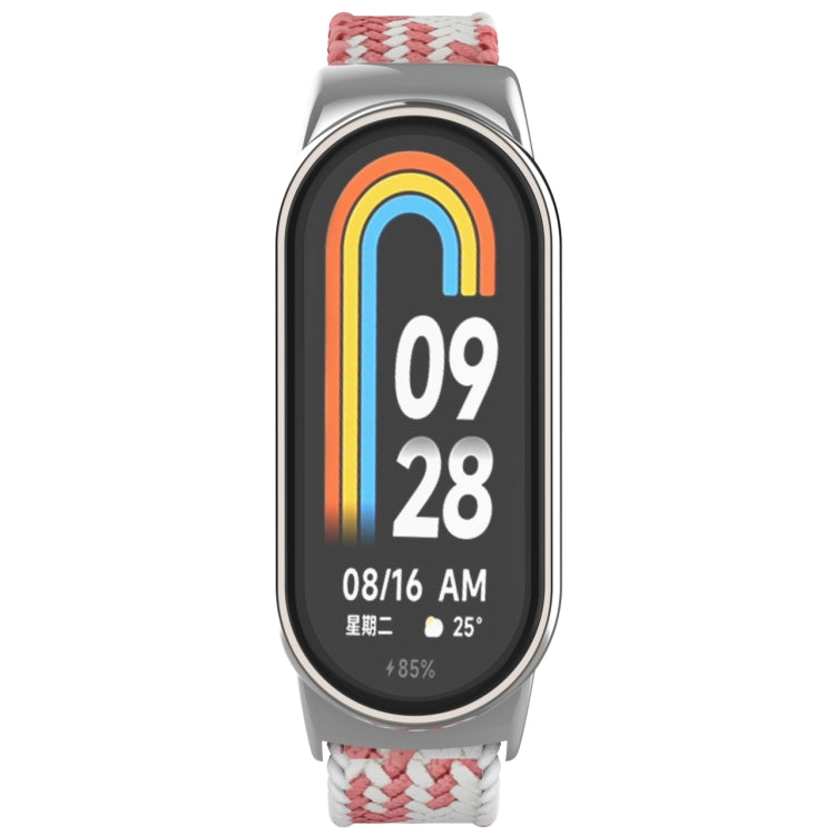 For Xiaomi Mi Band 8 Metal Head + Adjustable Nylon Braided Steel Buckle Watch Band(Pink White) - Watch Bands by PMC TechLife | Online Shopping South Africa | PMC TechLife