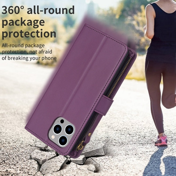 For iPhone 13 Pro 9 Card Slots Zipper Wallet Leather Flip Phone Case(Dark Purple) - free shipping - PMC TechLife - Order now!