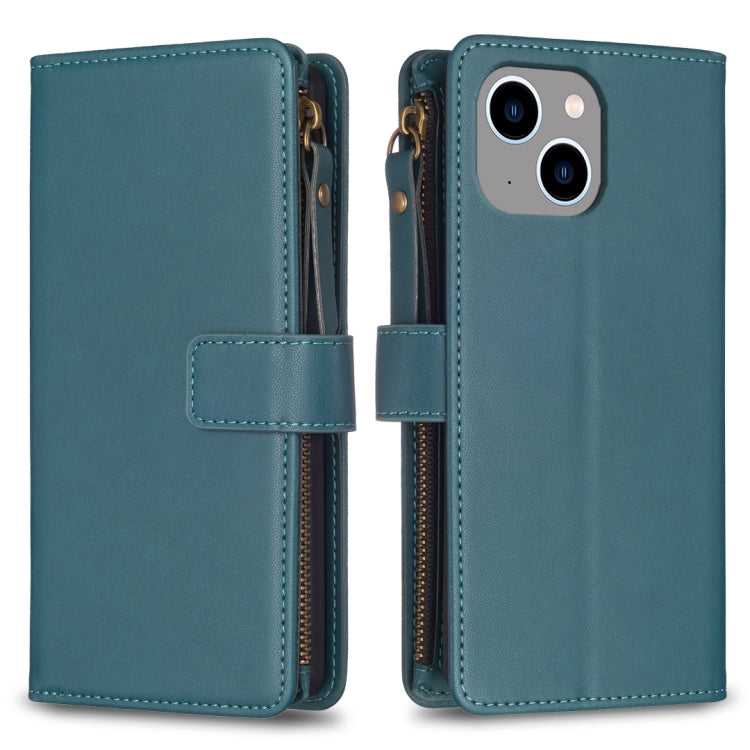 For iPhone 14 Plus 9 Card Slots Zipper Wallet Leather Flip Phone Case(Green) - free shipping - PMC TechLife - Order now!