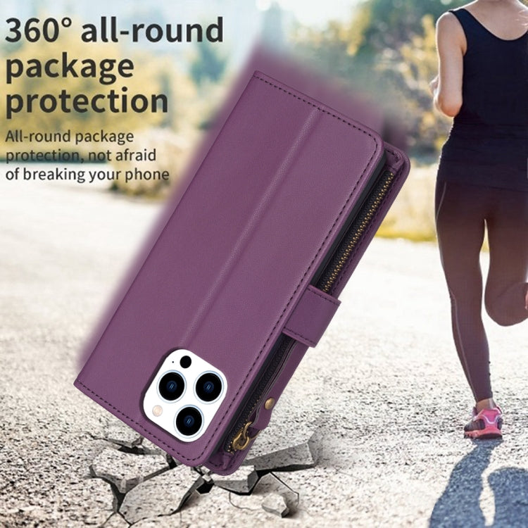 For iPhone 15 Pro 9 Card Slots Zipper Wallet Leather Flip Phone Case(Dark Purple) - free shipping - PMC TechLife - Order now!