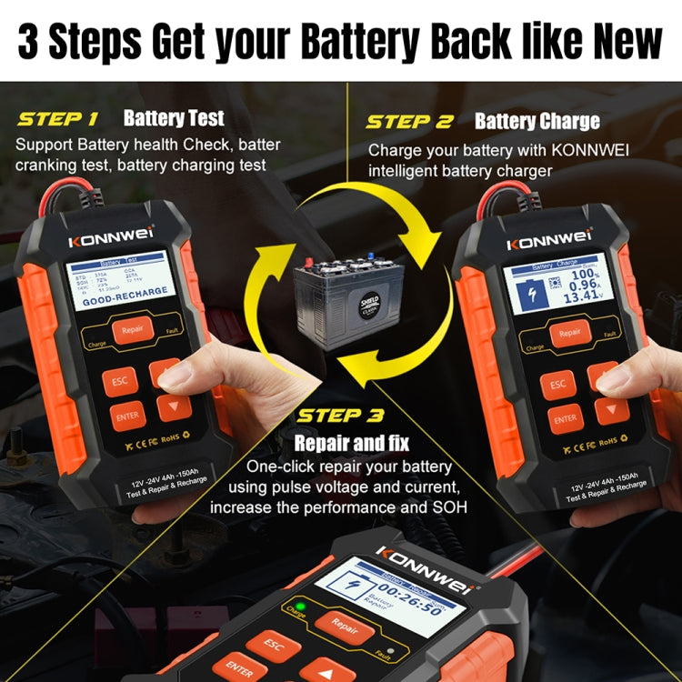 KONNWEI KW520 12V / 24V 3 in 1 Car Battery Tester with Detection & Repair & Charging Function(US Plug) - free shipping - PMC TechLife - Order now!