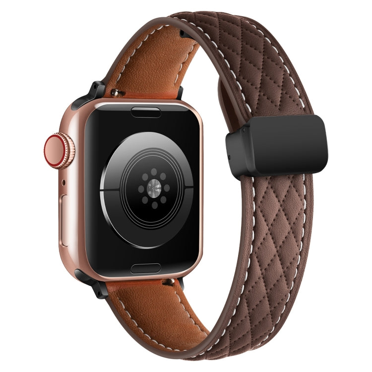 For Apple Watch 6 44mm Folding Buckle Rhombus Leather Watch Band(Coffee) - Watch Bands by PMC TechLife | Online Shopping South Africa | PMC TechLife