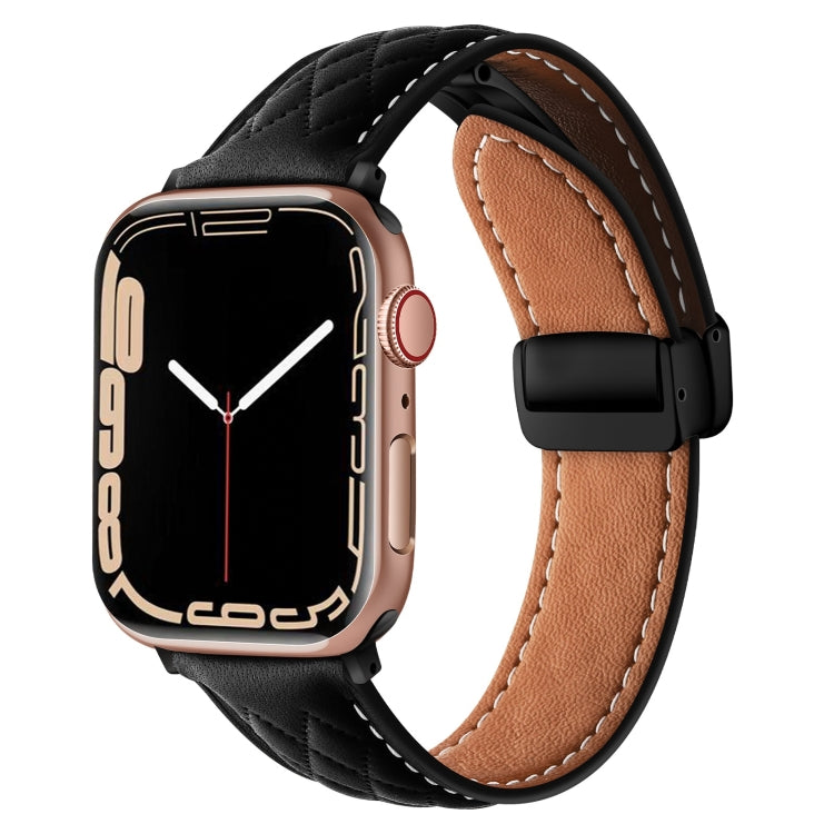 For Apple Watch 3 42mm Folding Buckle Rhombus Leather Watch Band(Black) - Watch Bands by PMC TechLife | Online Shopping South Africa | PMC TechLife