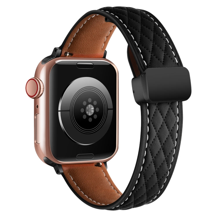 For Apple Watch 3 42mm Folding Buckle Rhombus Leather Watch Band(Black) - Watch Bands by PMC TechLife | Online Shopping South Africa | PMC TechLife