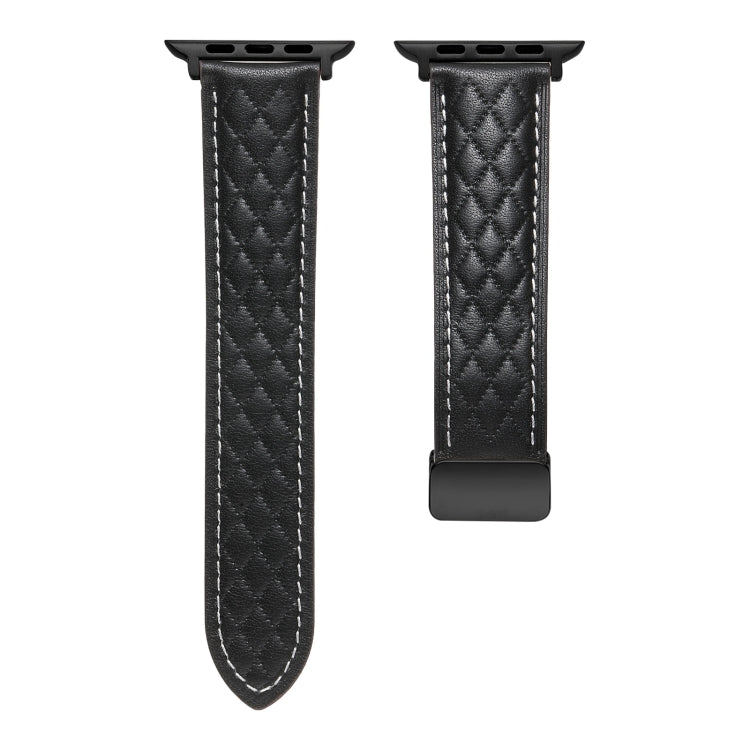 For Apple Watch SE 2023 44mm Folding Buckle Rhombus Leather Watch Band(Black) - Watch Bands by PMC TechLife | Online Shopping South Africa | PMC TechLife