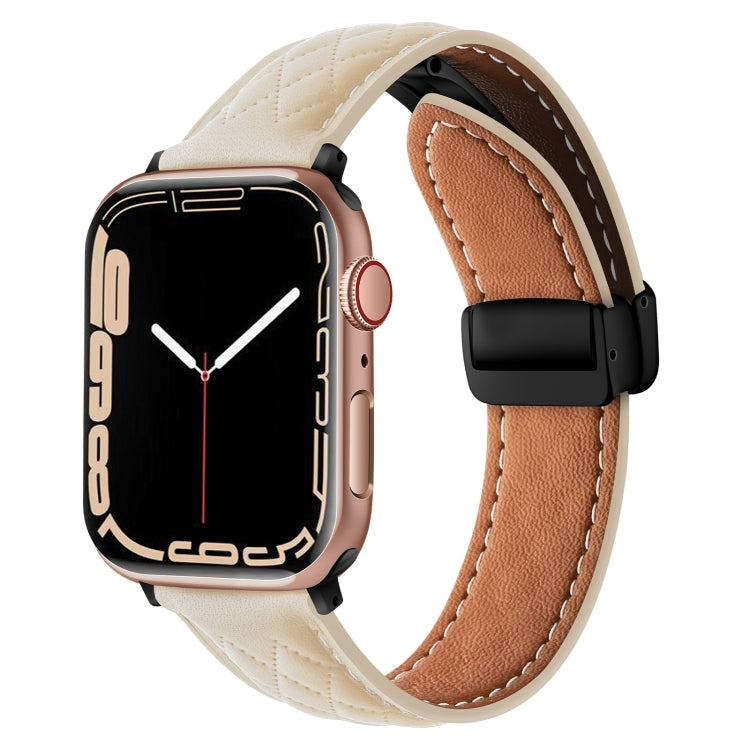 For Apple Watch SE 2023 44mm Folding Buckle Rhombus Leather Watch Band(Starlight) - Watch Bands by PMC TechLife | Online Shopping South Africa | PMC TechLife