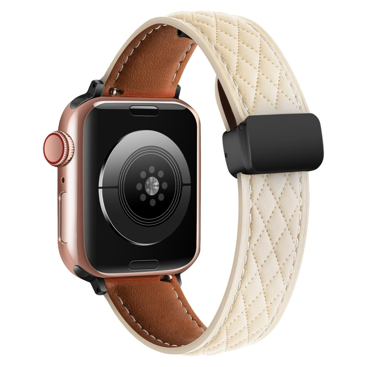 For Apple Watch SE 2023 44mm Folding Buckle Rhombus Leather Watch Band(Starlight) - Watch Bands by PMC TechLife | Online Shopping South Africa | PMC TechLife