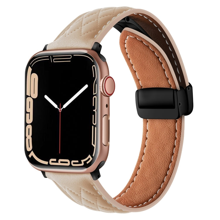 For Apple Watch SE 2023 44mm Folding Buckle Rhombus Leather Watch Band(Apricot) - Watch Bands by PMC TechLife | Online Shopping South Africa | PMC TechLife