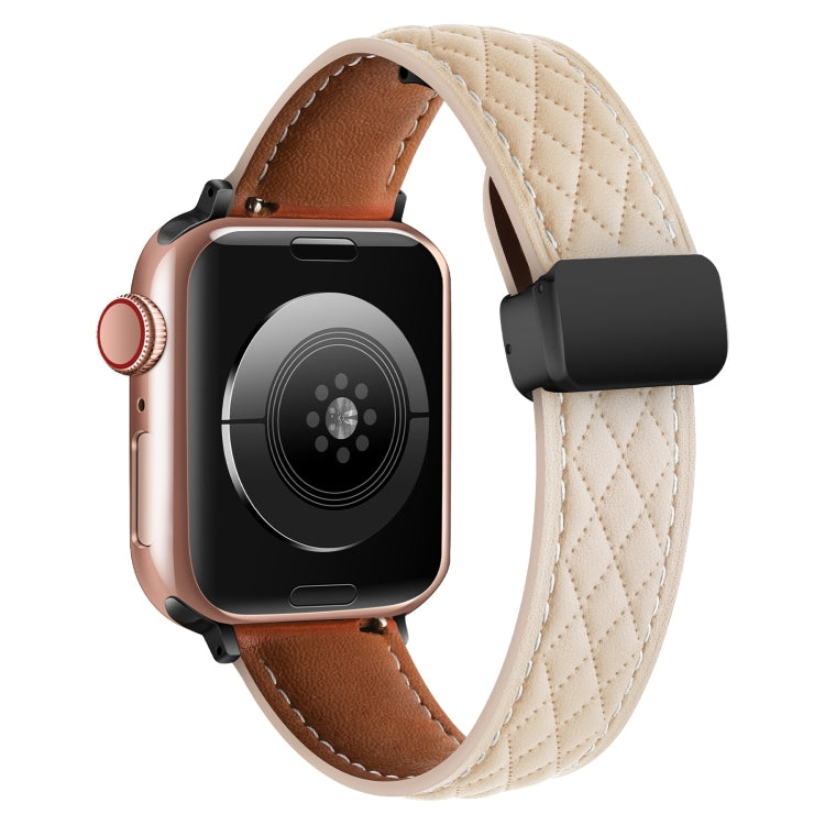 For Apple Watch SE 2023 44mm Folding Buckle Rhombus Leather Watch Band(Apricot) - Watch Bands by PMC TechLife | Online Shopping South Africa | PMC TechLife