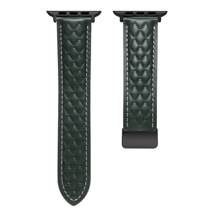 For Apple Watch 9 45mm Folding Buckle Rhombus Leather Watch Band(Green) - Watch Bands by PMC TechLife | Online Shopping South Africa | PMC TechLife