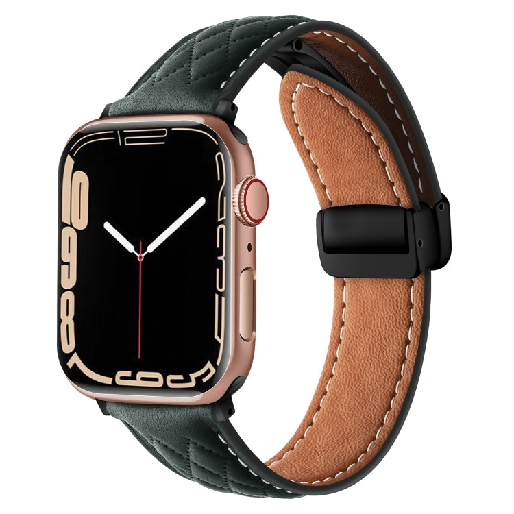 For Apple Watch 9 41mm Folding Buckle Rhombus Leather Watch Band(Green) - Watch Bands by PMC TechLife | Online Shopping South Africa | PMC TechLife