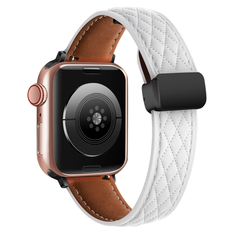 For Apple Watch 9 41mm Folding Buckle Rhombus Leather Watch Band(White) - Watch Bands by PMC TechLife | Online Shopping South Africa | PMC TechLife