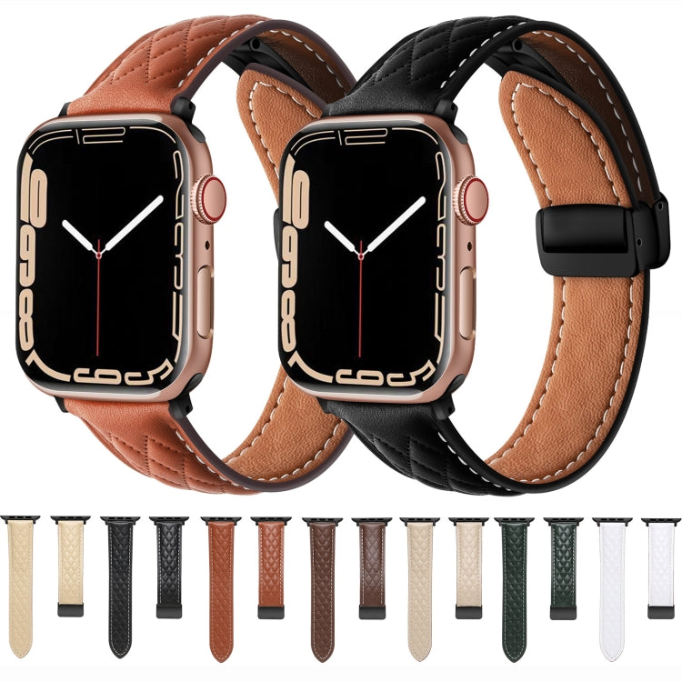 For Apple Watch SE 2023 44mm Folding Buckle Rhombus Leather Watch Band(Brown) - Watch Bands by PMC TechLife | Online Shopping South Africa | PMC TechLife | Buy Now Pay Later Mobicred