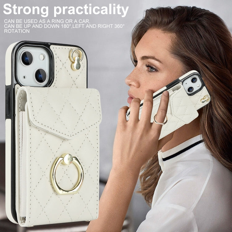 For iPhone 14 Plus Rhombic Texture Card Bag Phone Case with Long Lanyard(White) - iPhone 14 Plus Cases by PMC TechLife | Online Shopping South Africa | PMC TechLife | Buy Now Pay Later Mobicred