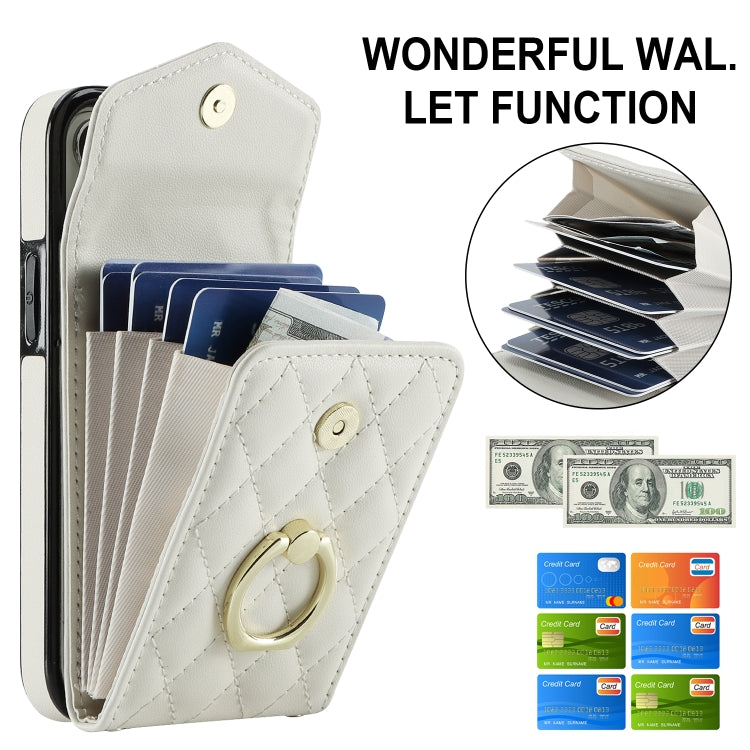 For iPhone 14 Plus Rhombic Texture Card Bag Phone Case with Long Lanyard(White) - iPhone 14 Plus Cases by PMC TechLife | Online Shopping South Africa | PMC TechLife | Buy Now Pay Later Mobicred