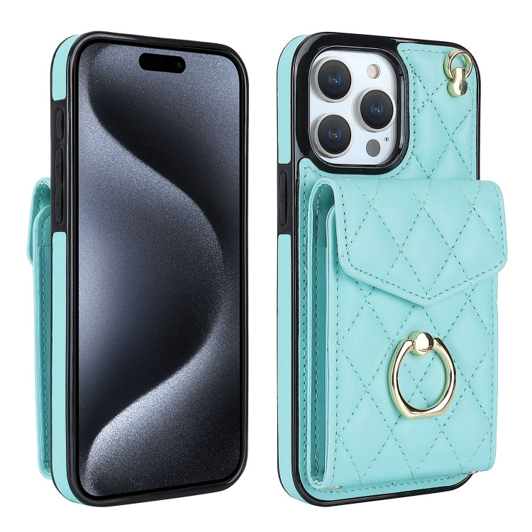 For iPhone 15 Pro Max Rhombic Texture Card Bag Phone Case with Long Lanyard(Mint Green) - free shipping - PMC TechLife - Order now!